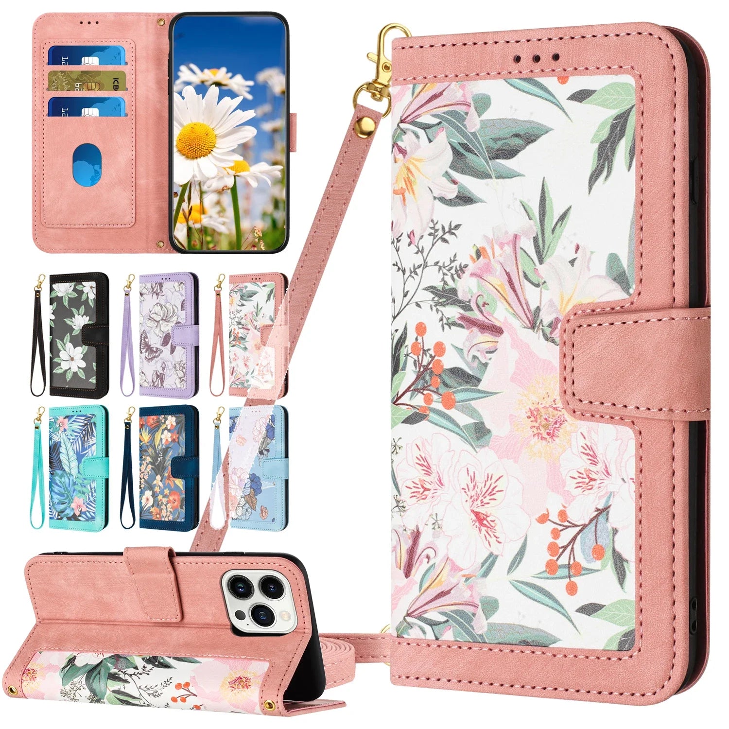 Etui imprimé floral à fermeture magnétique pour iPhone (6 au 12) - www.Phone-Accessoires.fr