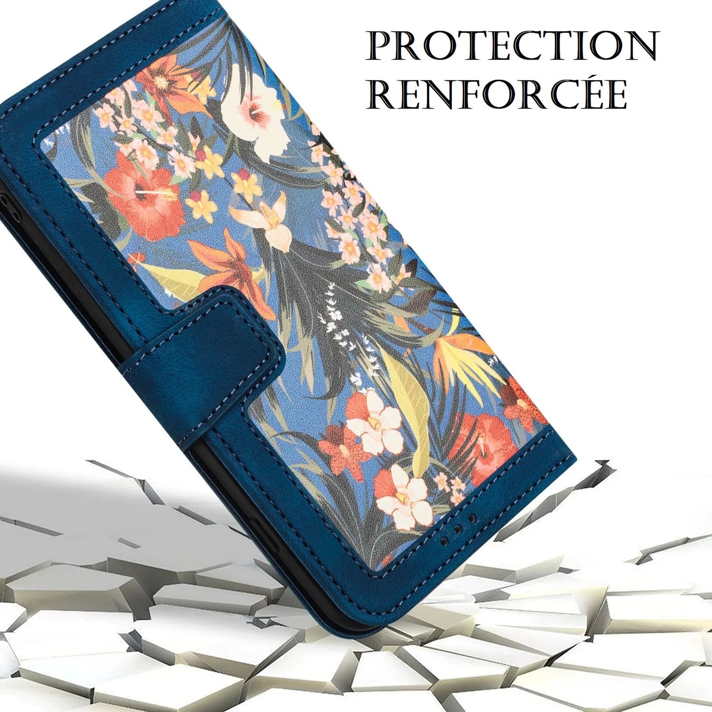 Etui imprimé floral à fermeture magnétique pour iPhone (6 au 12) - www.Phone-Accessoires.fr